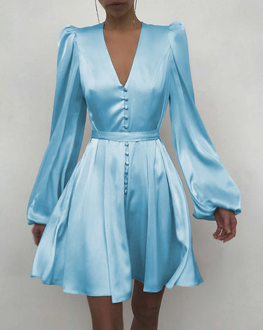 Satin V-Neck Slim Dress - MVRX