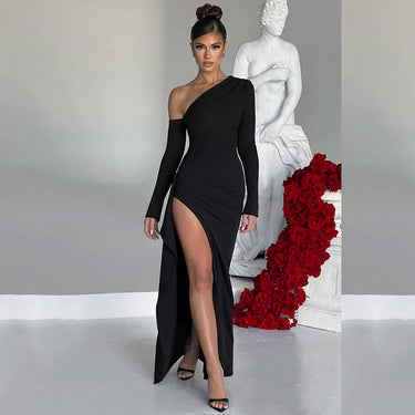 Knitted One-shoulder Long Sleeve Split Dress - MVRX