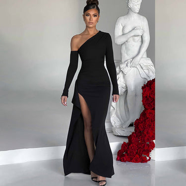 Knitted One-shoulder Long Sleeve Split Dress - MVRX