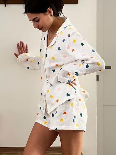 Heart Printing Long-sleeved Shirt And Shorts Suit - MVRX