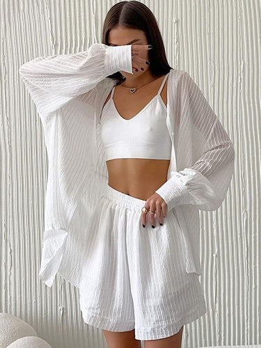 Casual Long Sleeve Cardigan Shorts Suit - MVRX