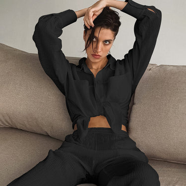 Loose Long Sleeves Shirt High Waist Straight Pants Suit - MVRX