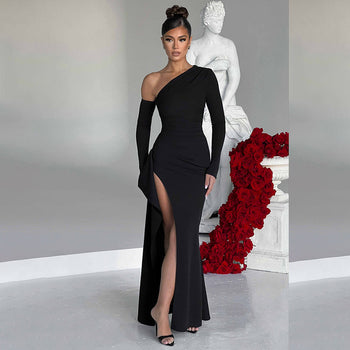 Knitted One-shoulder Long Sleeve Split Dress - MVRX