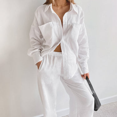 Loose Long Sleeves Shirt High Waist Straight Pants Suit - MVRX