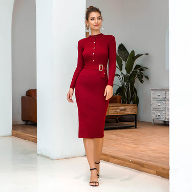 Long Sleeve Single-breasted Knitted Sweater Dress - MVRX