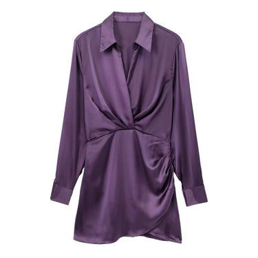 Lapel Silk Satin Short Dress - MVRX