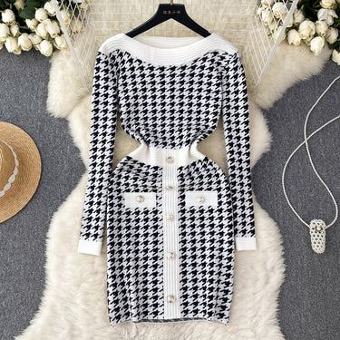 Long Sleeves Plaid Knitted Dress - MVRX