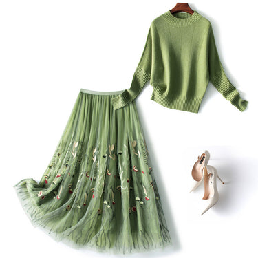 Green Sweater Skirt Two-piece Knitted - MVRX