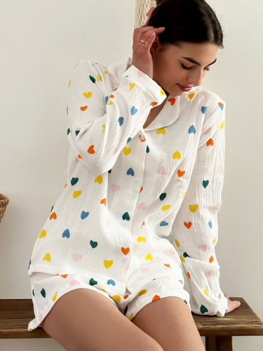 Heart Printing Long-sleeved Shirt And Shorts Suit - MVRX