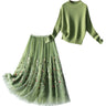 Green Sweater Skirt Two-piece Knitted - MVRX