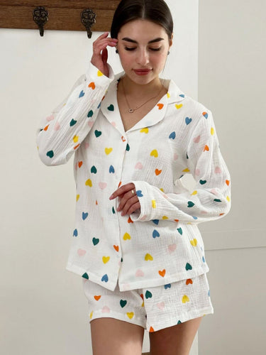 Heart Printing Long-sleeved Shirt And Shorts Suit - MVRX