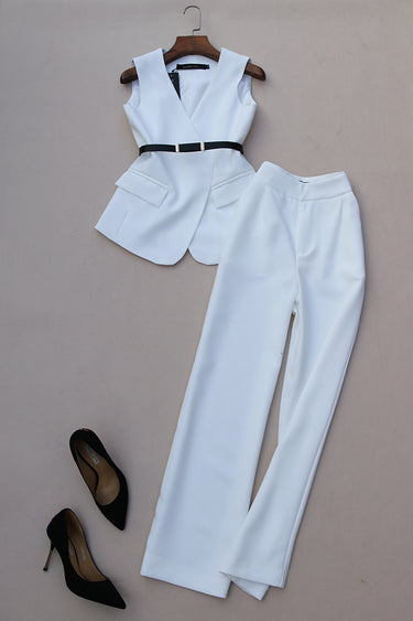 Short Waistcoat Thin High Waist Wide Leg Trousers Two-Piece Suit - MVRX