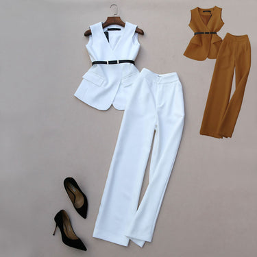 Short Waistcoat Thin High Waist Wide Leg Trousers Two-Piece Suit - MVRX