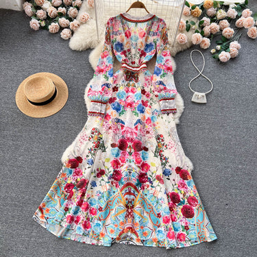 French Royal Style Deep V-neck Long Sleeve Printed Dress - MVRX