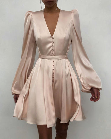 Satin V-Neck Slim Dress - MVRX
