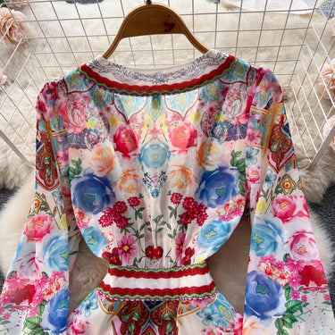 French Royal Style Deep V-neck Long Sleeve Printed Dress - MVRX