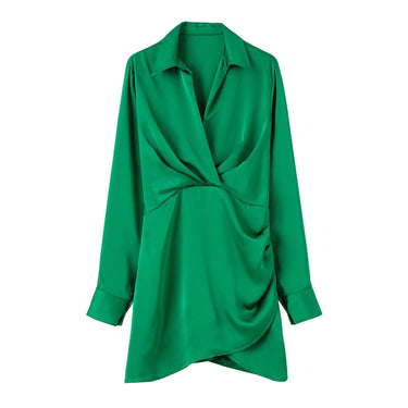 Lapel Silk Satin Short Dress - MVRX