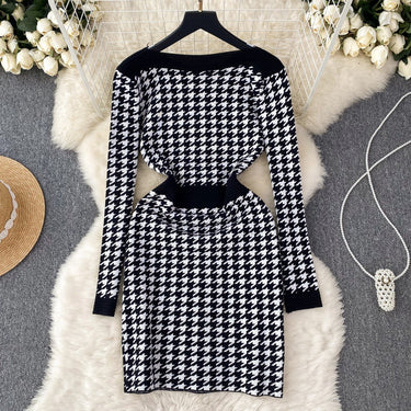 Long Sleeves Plaid Knitted Dress - MVRX