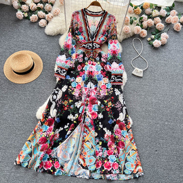 French Royal Style Deep V-neck Long Sleeve Printed Dress - MVRX