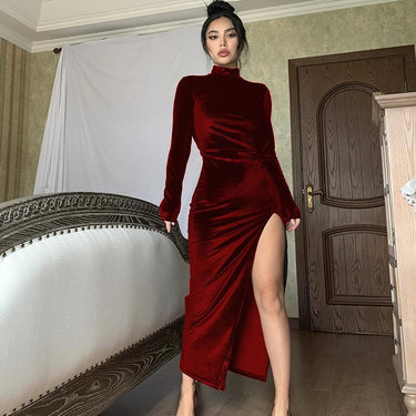 Turtleneck Pleated Slit Dress - MVRX