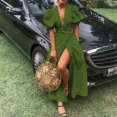 V-neck Raglan Sleeve Single-breasted Dress - MVRX