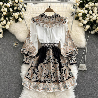 V-neck Lantern Sleeve Printed Dress - MVRX