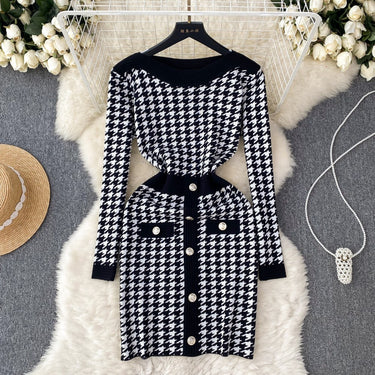 Long Sleeves Plaid Knitted Dress - MVRX