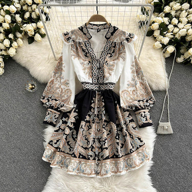 V-neck Lantern Sleeve Printed Dress - MVRX