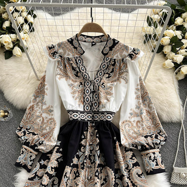 V-neck Lantern Sleeve Printed Dress - MVRX