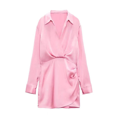 Lapel Silk Satin Short Dress - MVRX