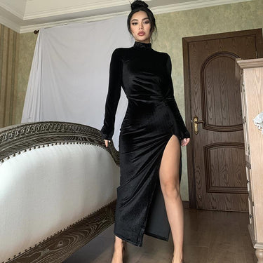 Turtleneck Pleated Slit Dress - MVRX