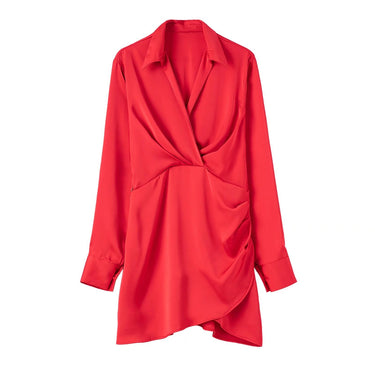 Lapel Silk Satin Short Dress - MVRX