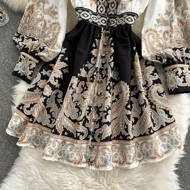 V-neck Lantern Sleeve Printed Dress - MVRX