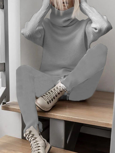 Solid Color Ladies Casual Two-piece Knitted Turtleneck - MVRX