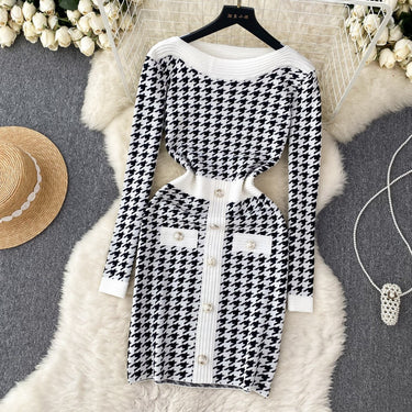 Long Sleeves Plaid Knitted Dress - MVRX