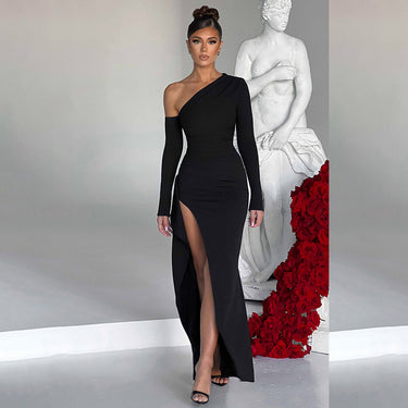 Knitted One-shoulder Long Sleeve Split Dress - MVRX