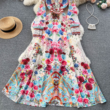French Royal Style Deep V-neck Long Sleeve Printed Dress - MVRX
