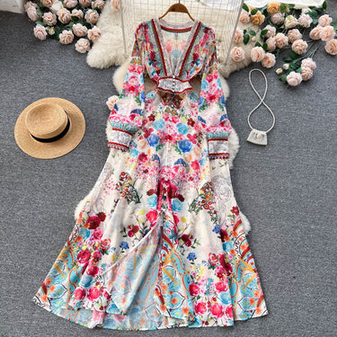 French Royal Style Deep V-neck Long Sleeve Printed Dress - MVRX