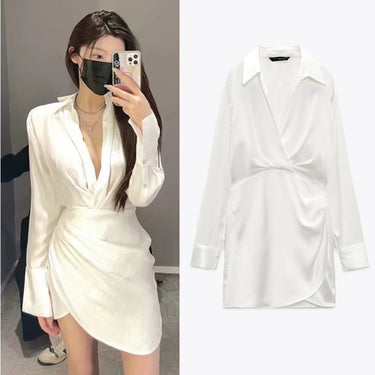 Lapel Silk Satin Short Dress - MVRX