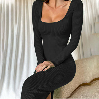 U-shaped Collar Long Sleeve Split Dress - MVRX