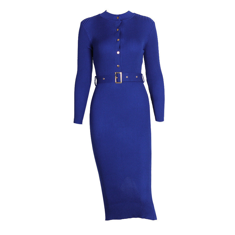 knitting dress single breasted Knitted Dress V-neck Single-breasted Button-down Dress Elegant Temperament Single Piece Royal Sister Style Socialite Comfortable