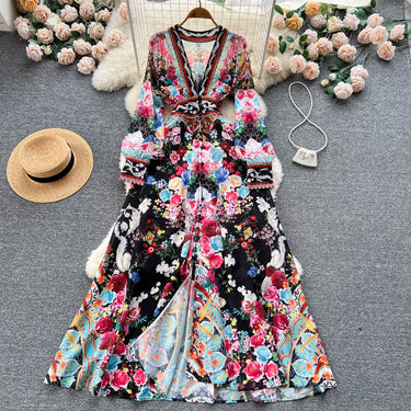 French Royal Style Deep V-neck Long Sleeve Printed Dress - MVRX