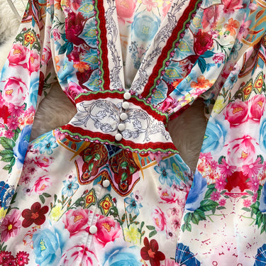 French Royal Style Deep V-neck Long Sleeve Printed Dress - MVRX