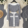 Long Sleeves Plaid Knitted Dress - MVRX