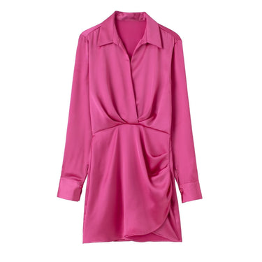 Lapel Silk Satin Short Dress - MVRX