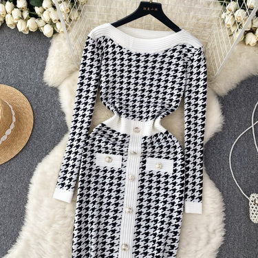 Long Sleeves Plaid Knitted Dress - MVRX