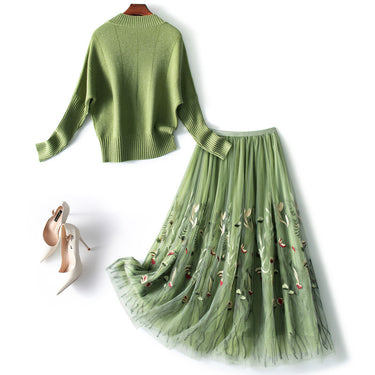 Green Sweater Skirt Two-piece Knitted - MVRX