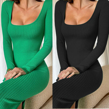 U-shaped Collar Long Sleeve Split Dress - MVRX
