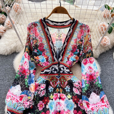 French Royal Style Deep V-neck Long Sleeve Printed Dress - MVRX